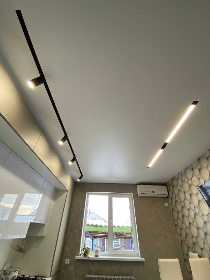 Натяжной потолок с линейными светильниками в черных нишах и спотами фото 