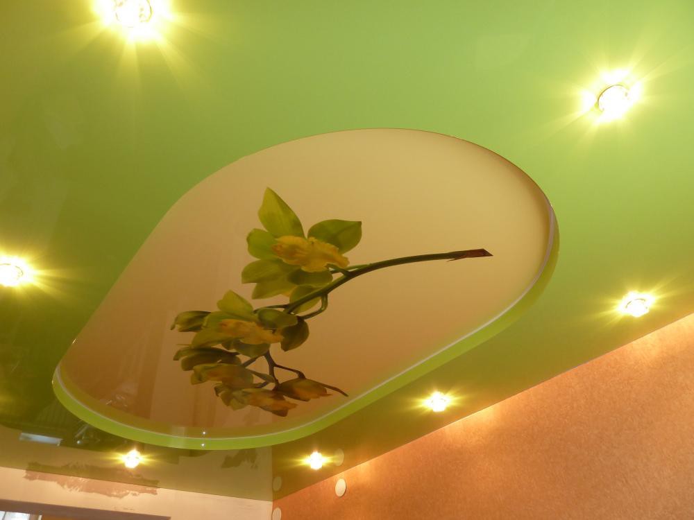 Натяжной потолок двухуровневый с фотопечатью на кухню в Острогожске фото 