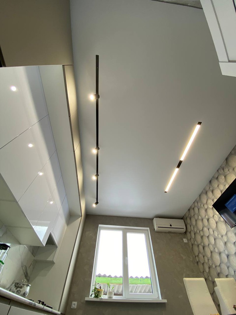 Натяжной потолок с линейными светильниками в черных нишах и спотами фото 
