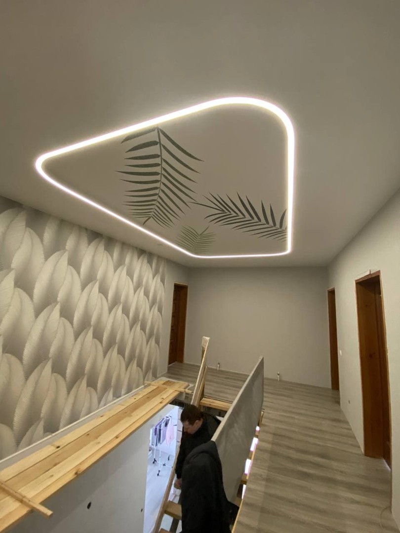 Двухуровневый натяжной потолок с фотопечатью и контурной подсветкой