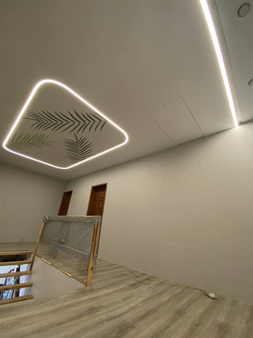 Двухуровневый натяжной потолок с фотопечатью и контурной подсветкой фото 