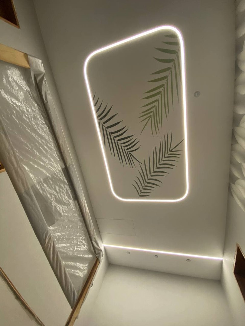 Двухуровневый натяжной потолок с фотопечатью и контурной подсветкой фото 